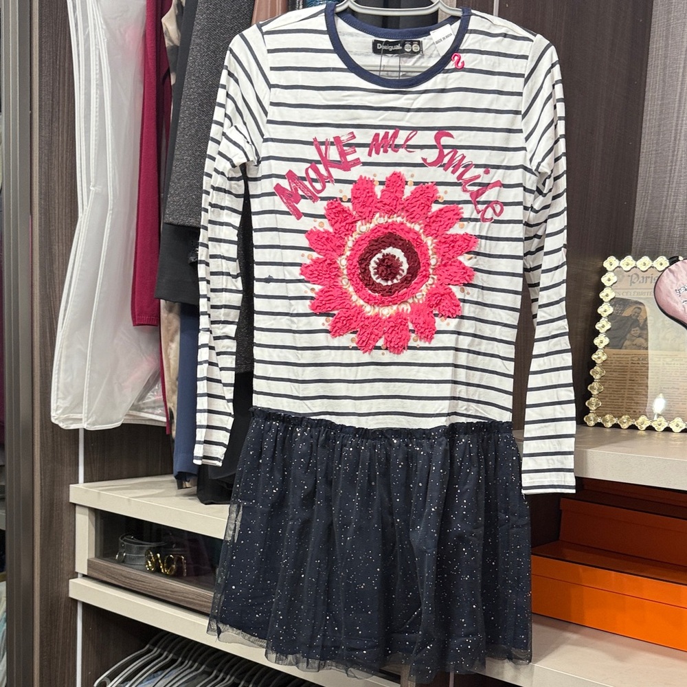 Desigual Striped Dress with Pink Flower and Navy Skirt